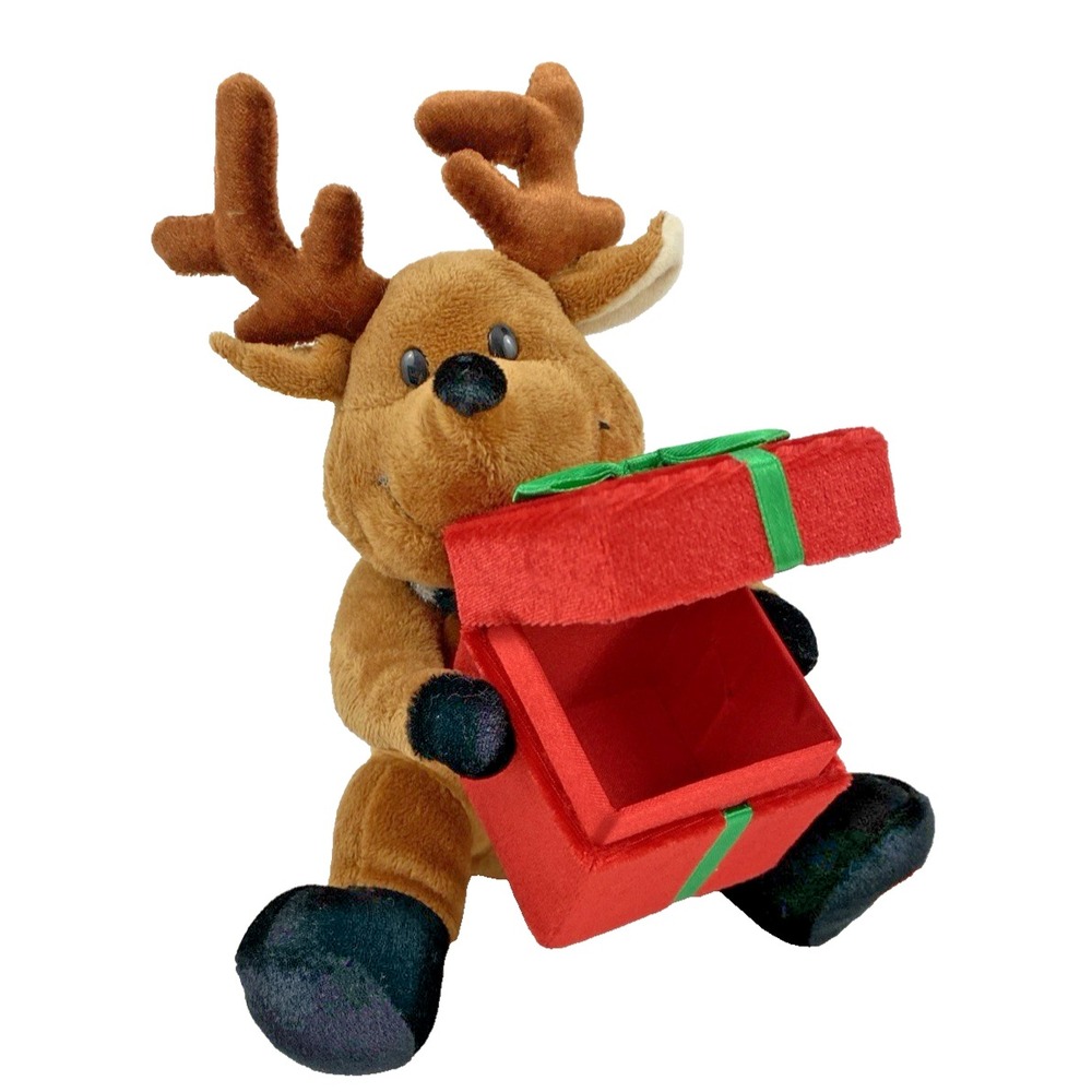 Christmas Singing Brown Reindeer with Gift Box Cheeks Light Up by Gemmy 8" VIDEO